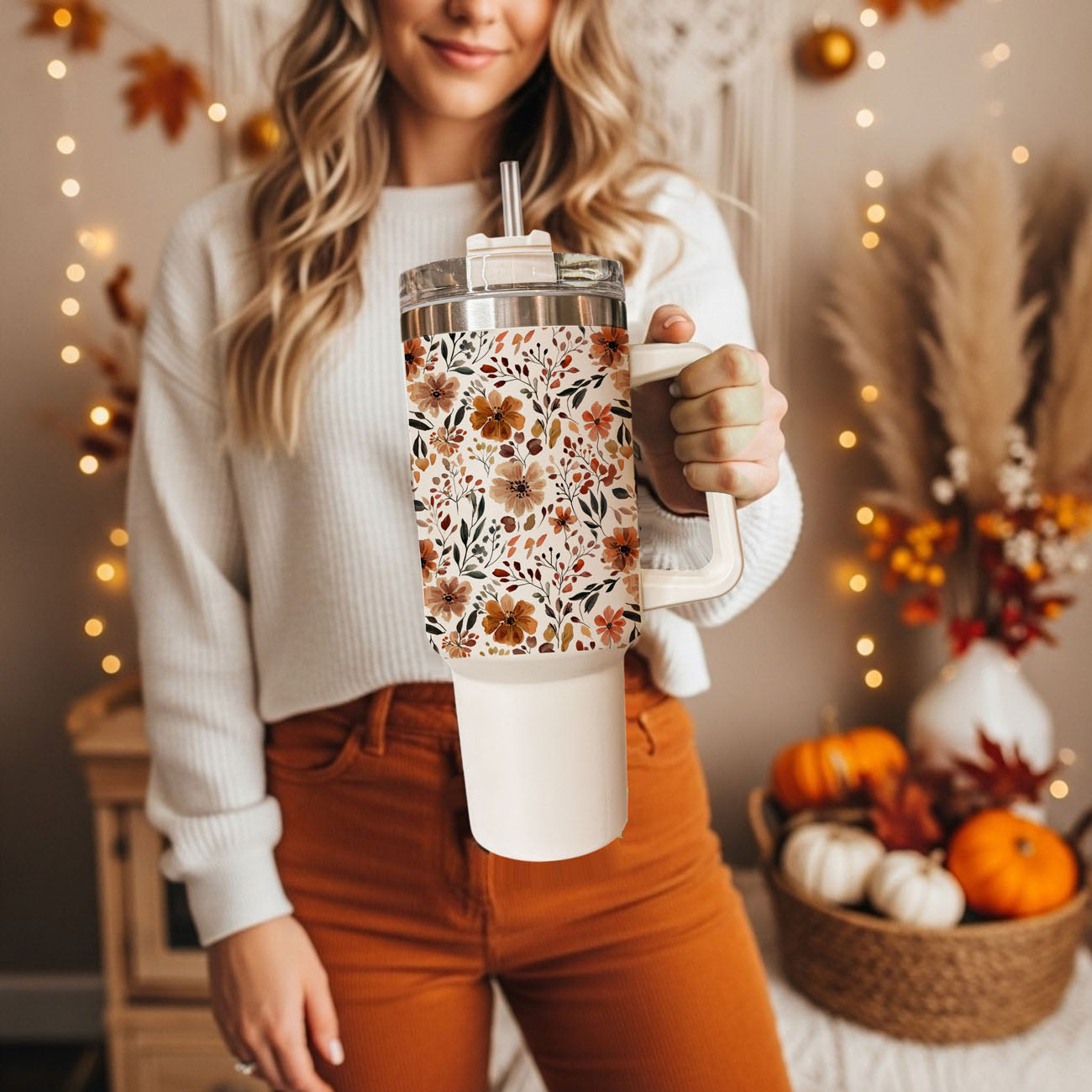 Floral Fall 40oz Tumbler | Autumn Insulated Cup with Handle by Gia Roma