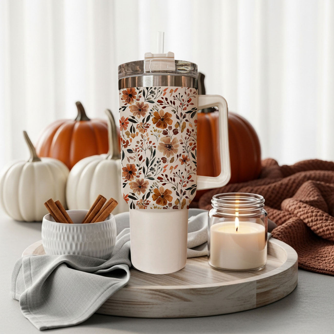 Floral Fall 40oz Tumbler | Autumn Insulated Cup with Handle by Gia Roma
