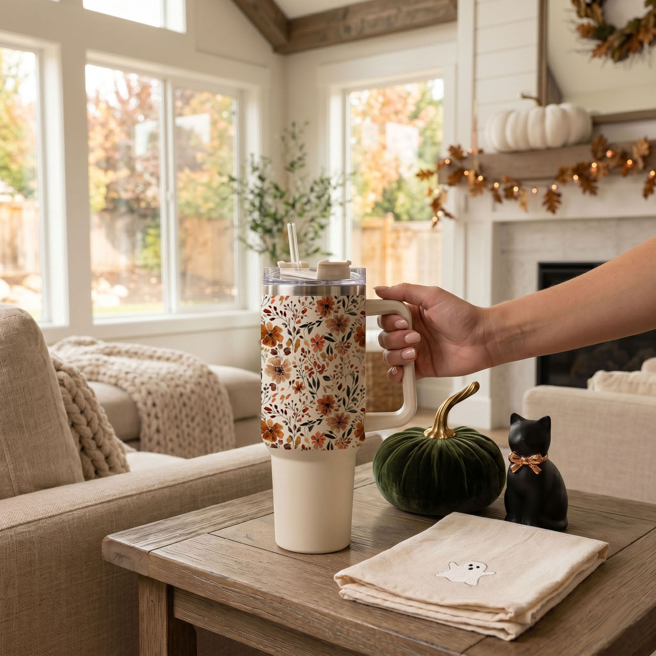 Floral Fall 40oz Tumbler | Autumn Insulated Cup with Handle by Gia Roma