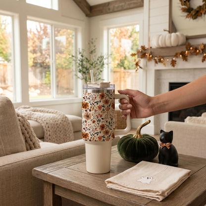 Floral Fall 40oz Tumbler | Autumn Insulated Cup with Handle by Gia Roma