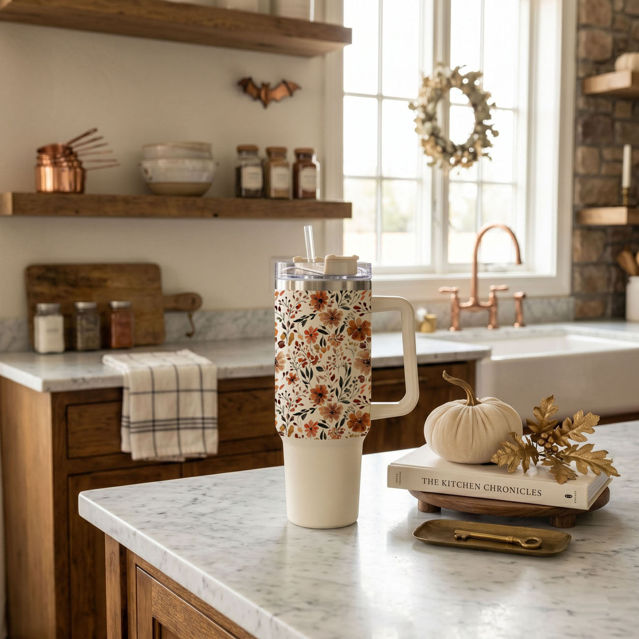 Floral Fall 40oz Tumbler | Autumn Insulated Cup with Handle by Gia Roma
