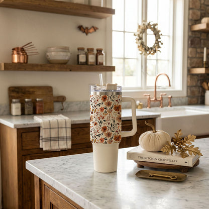 Floral Fall 40oz Tumbler | Autumn Insulated Cup with Handle by Gia Roma