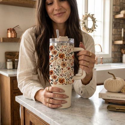 Floral Fall 40oz Tumbler | Autumn Insulated Cup with Handle by Gia Roma