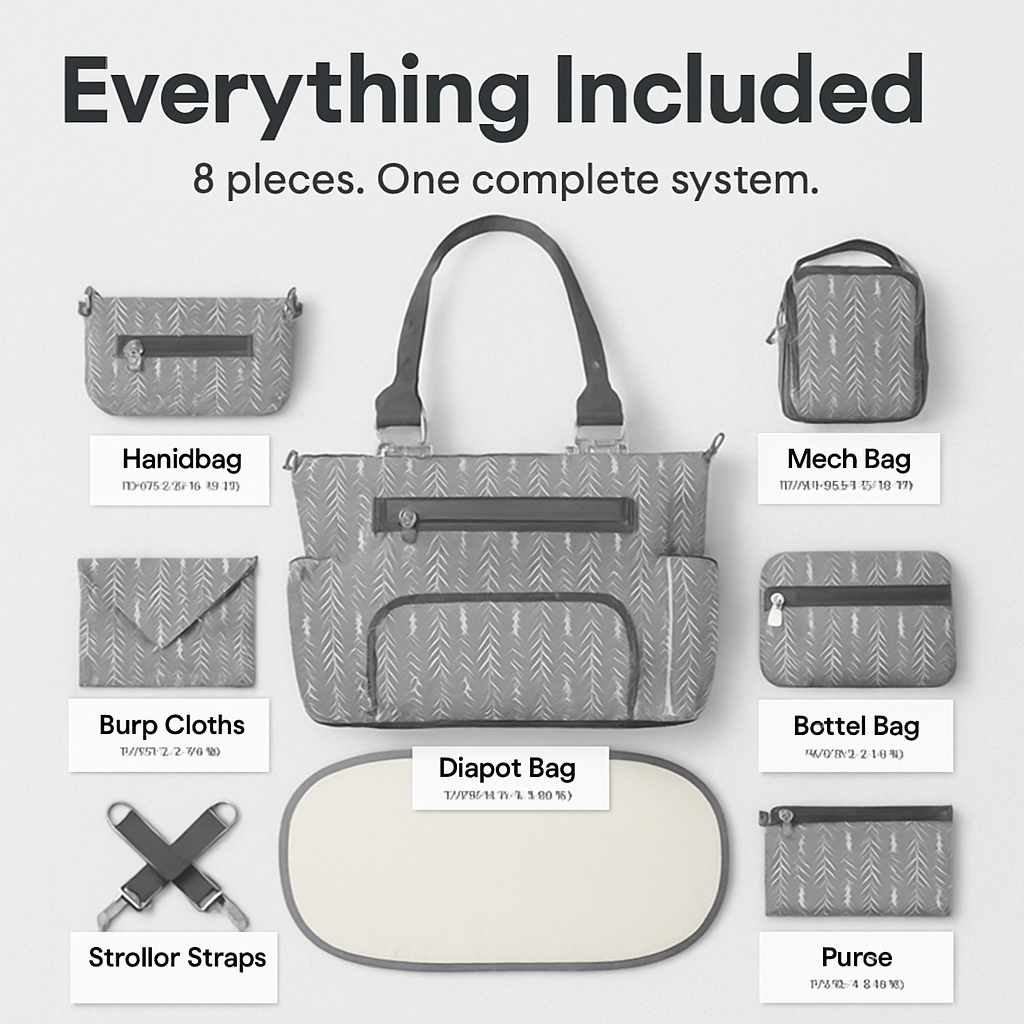 8-Piece Baby Diaper Bag Set with Bottle Bag, Purse & Changing Pad