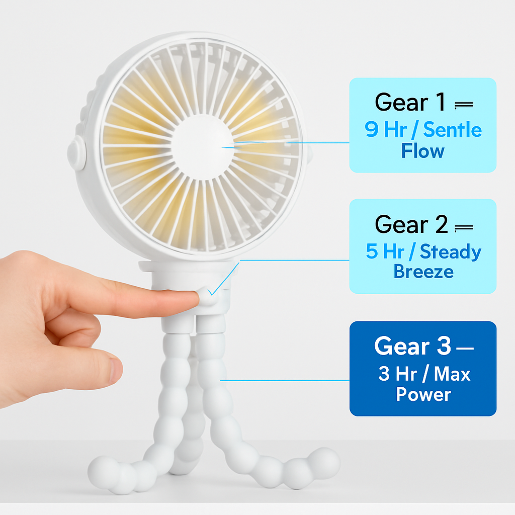 Portable Baby Stroller Fan – 9Hr Battery, 720° Flexible Clip-On, 3 Speeds