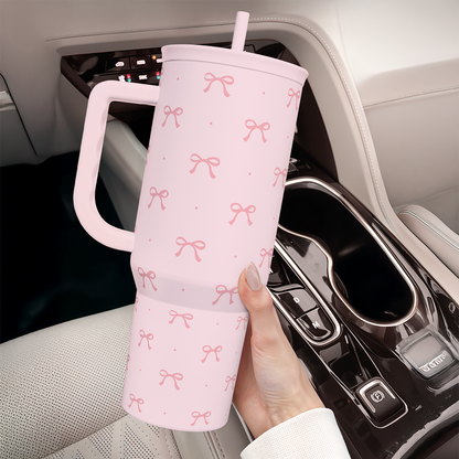 Pink Bow 40 oz Tumbler with Handle & Straw – Insulated Slider Lid Travel Cup