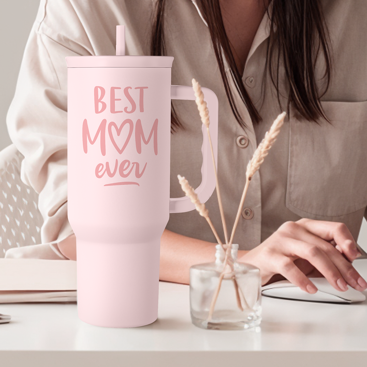 Best Mom Ever 40 oz Pink Tumbler with Handle & Straw – Insulated Slider Lid Gift