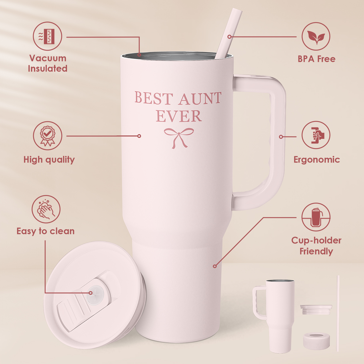Best Aunt Ever 40 oz Pink Tumbler with Handle & Straw – Insulated Slider Lid Gift
