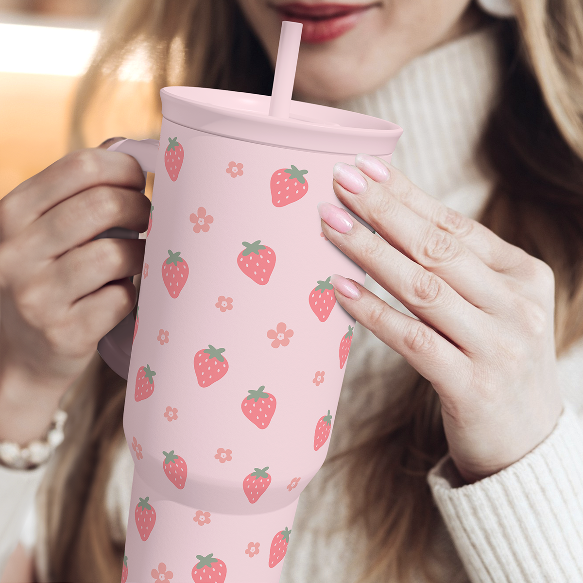 Pink Strawberry 40 oz Tumbler with Handle & Straw – Insulated Slider Lid Travel Cup