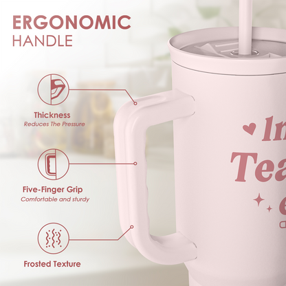 Pink Teacher 40 oz Tumbler with Handle & Straw – Insulated Slider Lid Travel Cup