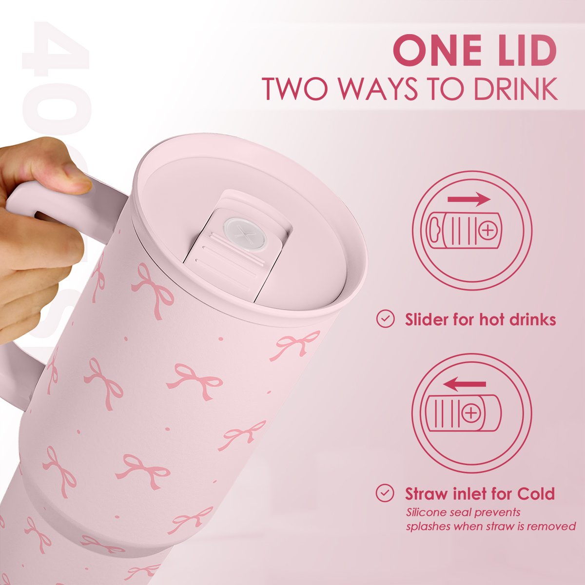 Pink Bow 40 oz Tumbler with Handle & Straw – Insulated Slider Lid Travel Cup
