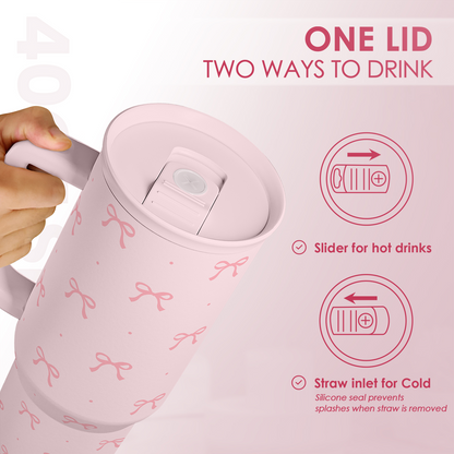 Pink Bow 40 oz Tumbler with Handle & Straw – Insulated Slider Lid Travel Cup