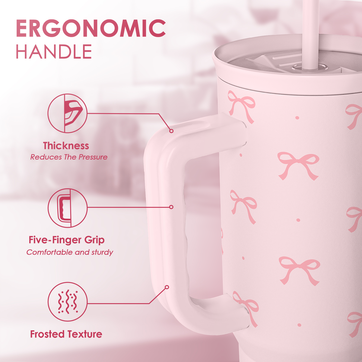 Pink Bow 40 oz Tumbler with Handle & Straw – Insulated Slider Lid Travel Cup