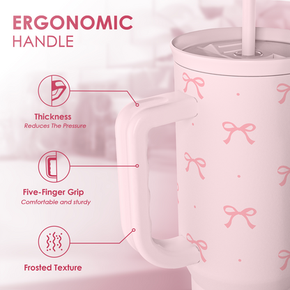 Pink Bow 40 oz Tumbler with Handle & Straw – Insulated Slider Lid Travel Cup