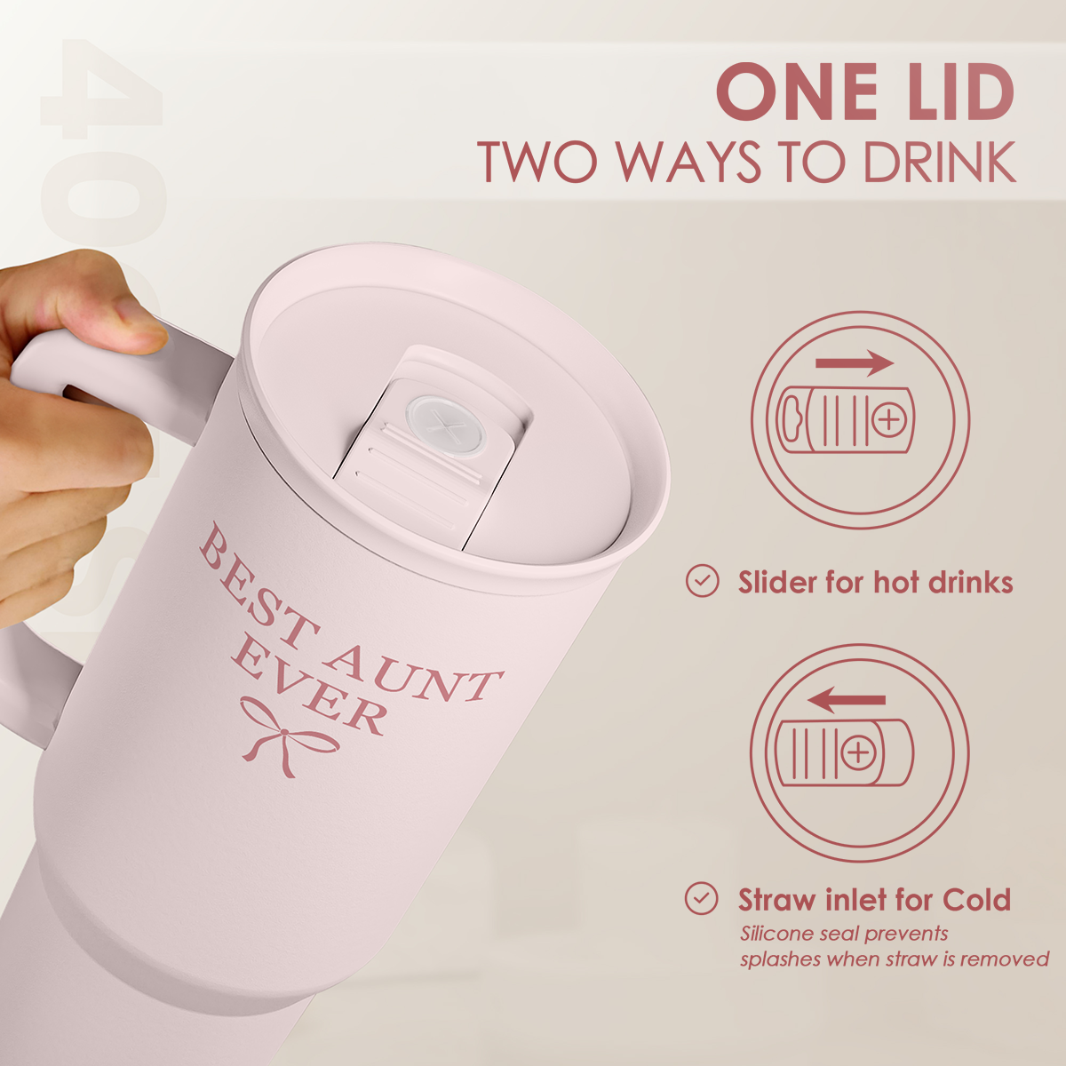 Best Aunt Ever 40 oz Pink Tumbler with Handle & Straw – Insulated Slider Lid Gift