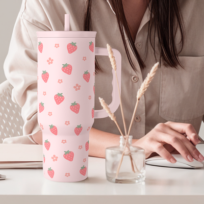 Pink Strawberry 40 oz Tumbler with Handle & Straw – Insulated Slider Lid Travel Cup