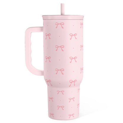 Pink Bow 40 oz Tumbler with Handle & Straw – Insulated Slider Lid Travel Cup