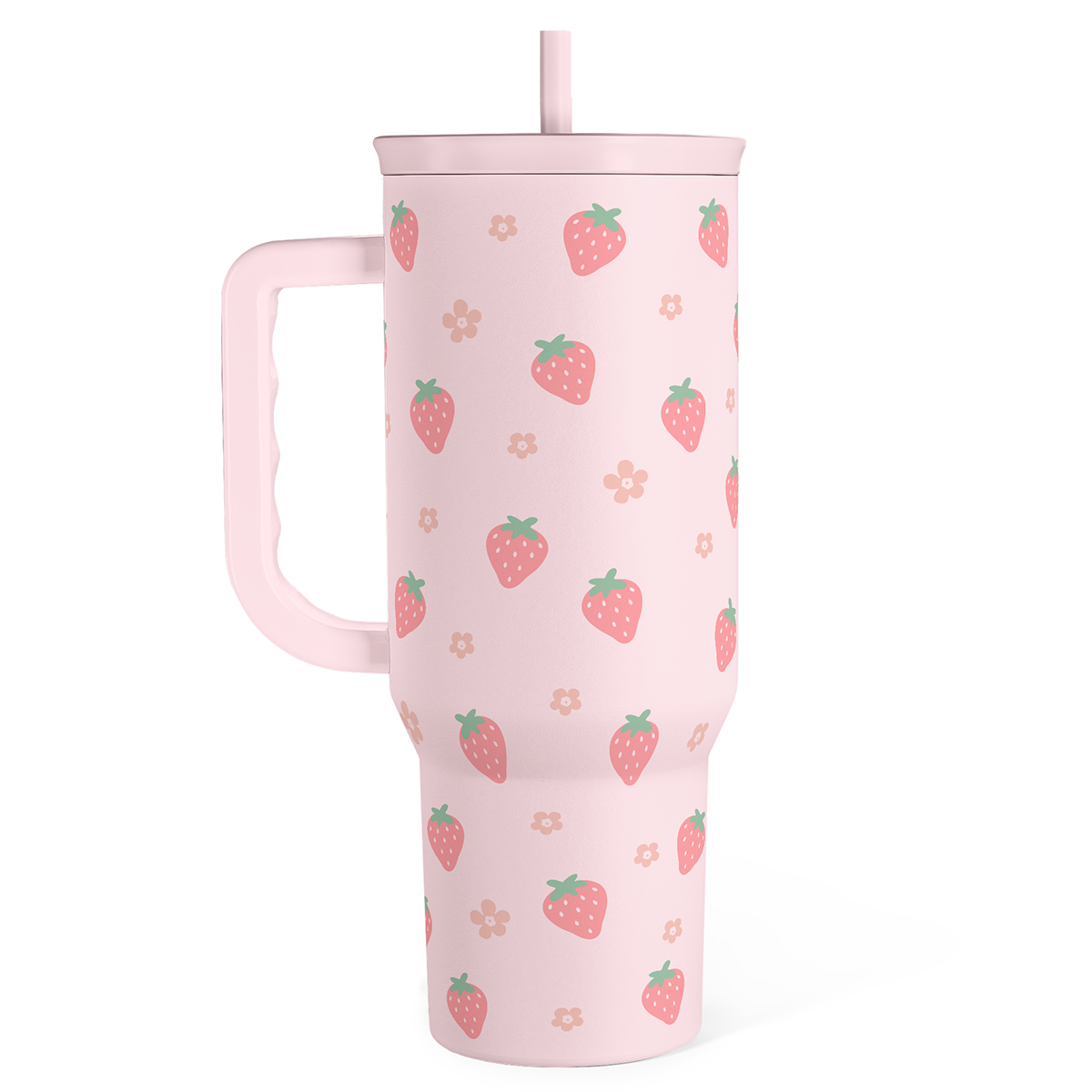 Pink Strawberry 40 oz Tumbler with Handle & Straw – Insulated Slider Lid Travel Cup