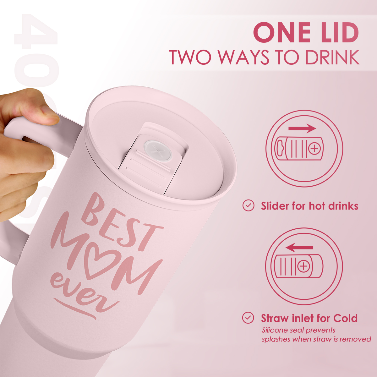 Best Mom Ever 40 oz Pink Tumbler with Handle & Straw – Insulated Slider Lid Gift