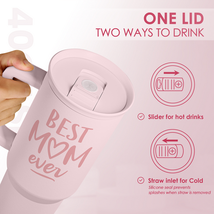 Best Mom Ever 40 oz Pink Tumbler with Handle & Straw – Insulated Slider Lid Gift