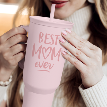Best Mom Ever 40 oz Pink Tumbler with Handle & Straw – Insulated Slider Lid Gift