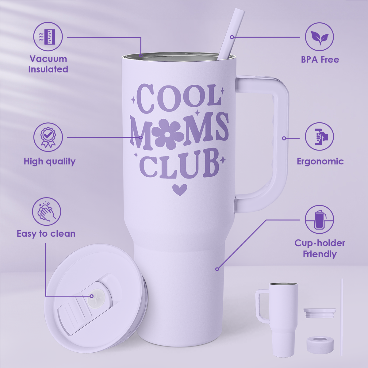 Cool Moms Club 40oz Insulated Tumbler with Handle & Straw – Lavender