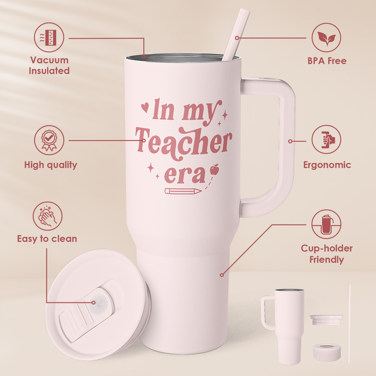 Pink Teacher 40 oz Tumbler with Handle & Straw – Insulated Slider Lid Travel Cup