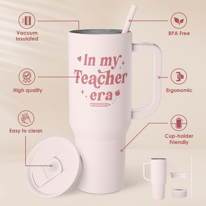 Pink Teacher 40 oz Tumbler with Handle & Straw – Insulated Slider Lid Travel Cup