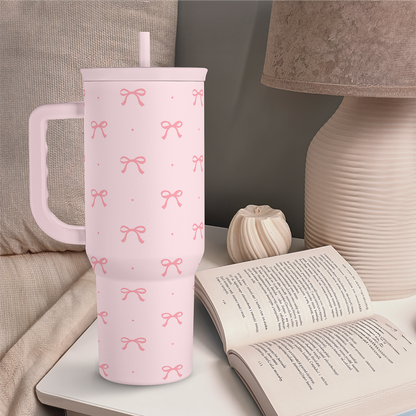 Pink Bow 40 oz Tumbler with Handle & Straw – Insulated Slider Lid Travel Cup