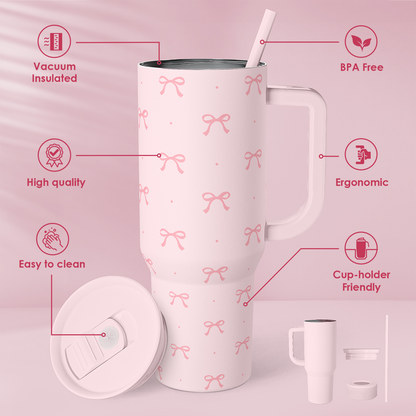 Pink Bow 40 oz Tumbler with Handle & Straw – Insulated Slider Lid Travel Cup