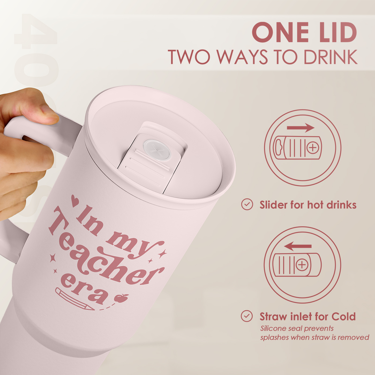 Pink Teacher 40 oz Tumbler with Handle & Straw – Insulated Slider Lid Travel Cup