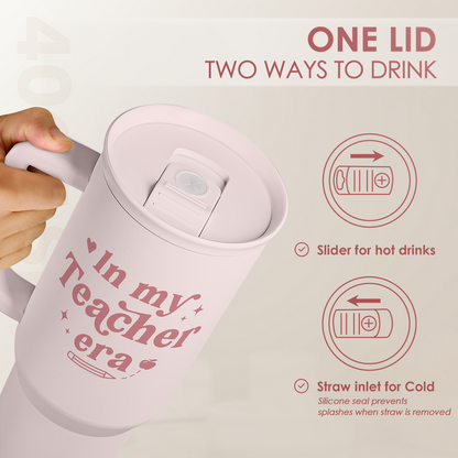 Pink Teacher 40 oz Tumbler with Handle & Straw – Insulated Slider Lid Travel Cup