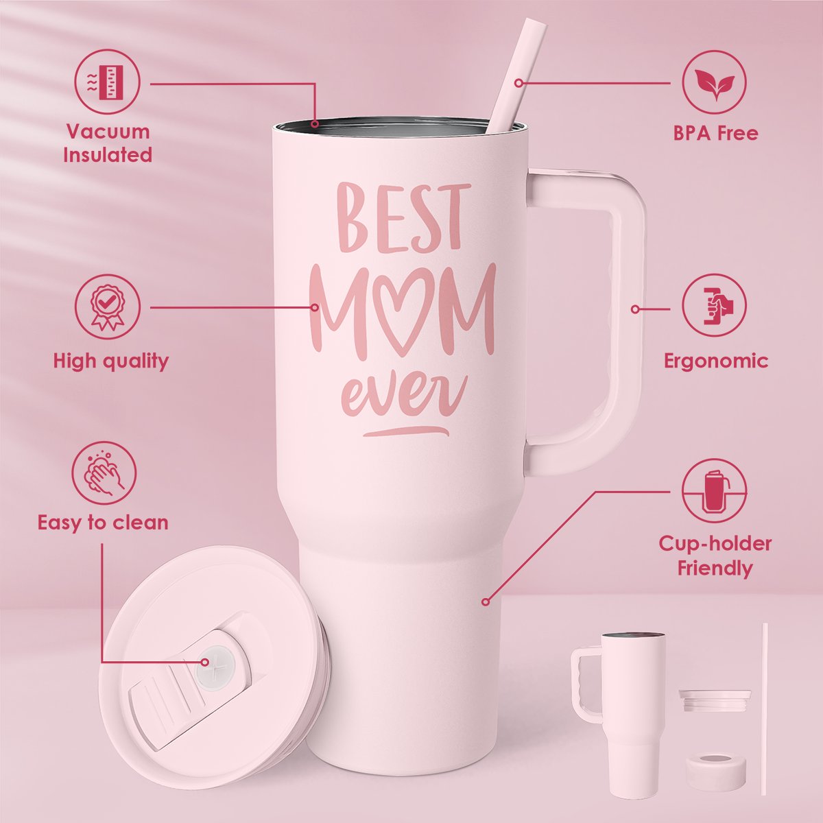 Best Mom Ever 40 oz Pink Tumbler with Handle & Straw – Insulated Slider Lid Gift
