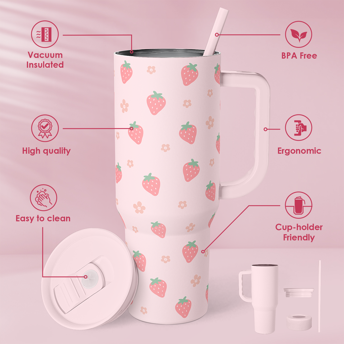 Pink Strawberry 40 oz Tumbler with Handle & Straw – Insulated Slider Lid Travel Cup