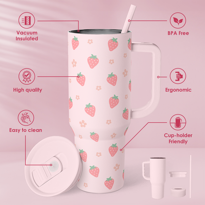 Pink Strawberry 40 oz Tumbler with Handle & Straw – Insulated Slider Lid Travel Cup