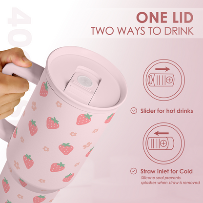 Pink Strawberry 40 oz Tumbler with Handle & Straw – Insulated Slider Lid Travel Cup