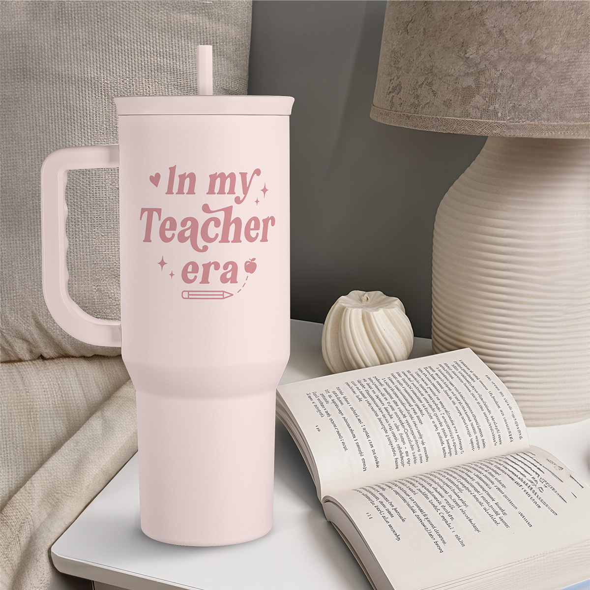Pink Teacher 40 oz Tumbler with Handle & Straw – Insulated Slider Lid Travel Cup