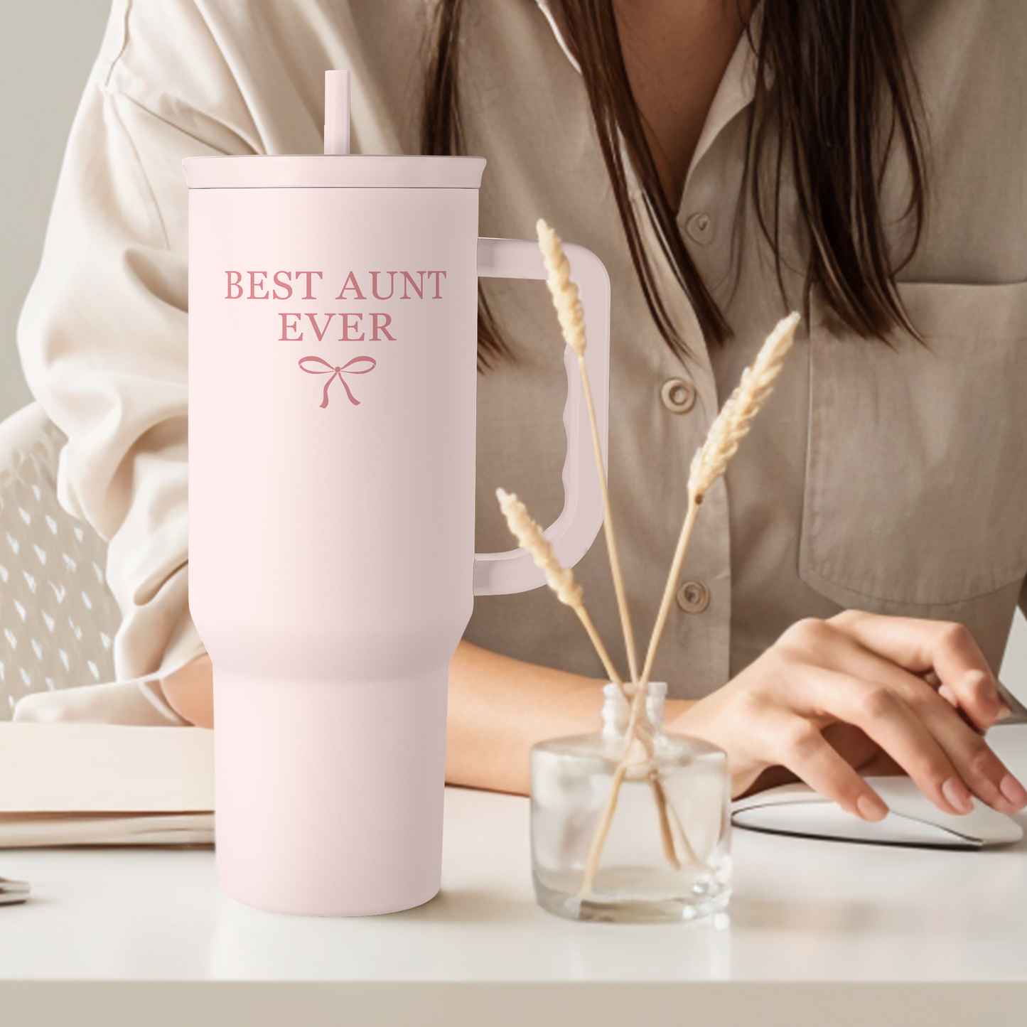 Best Aunt Ever 40 oz Pink Tumbler with Handle & Straw – Insulated Slider Lid Gift