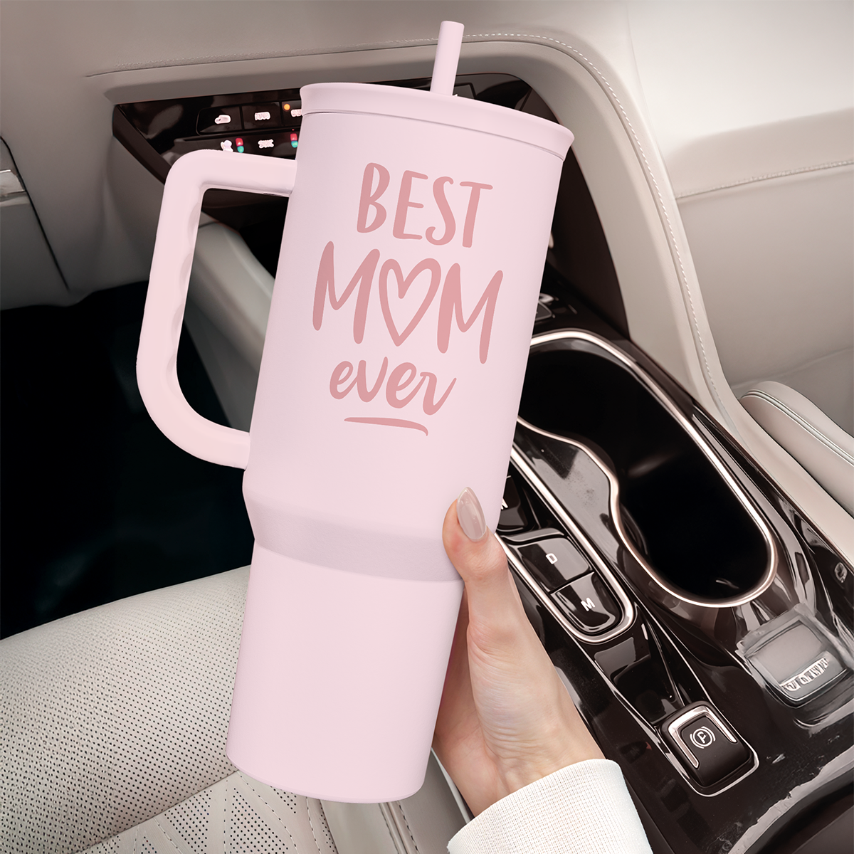 Best Mom Ever 40 oz Pink Tumbler with Handle & Straw – Insulated Slider Lid Gift