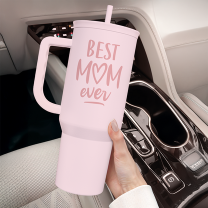 Best Mom Ever 40 oz Pink Tumbler with Handle & Straw – Insulated Slider Lid Gift