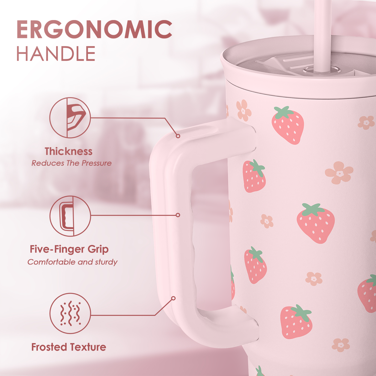 Pink Strawberry 40 oz Tumbler with Handle & Straw – Insulated Slider Lid Travel Cup