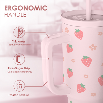 Pink Strawberry 40 oz Tumbler with Handle & Straw – Insulated Slider Lid Travel Cup