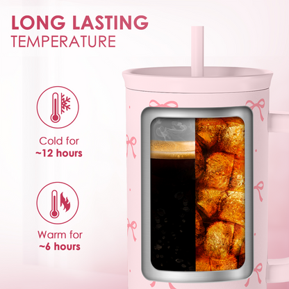 Pink Bow 40 oz Tumbler with Handle & Straw – Insulated Slider Lid Travel Cup