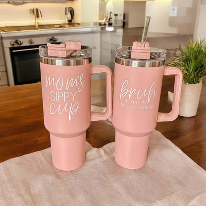 Mom's Sippy 40oz Insulated Tumbler - Pink Travel Cup With Straw Lid