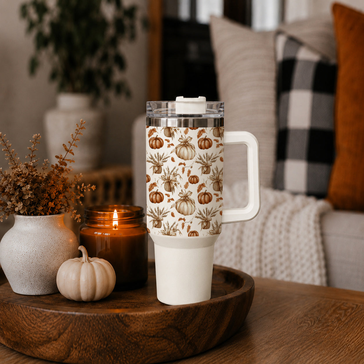 Rustic Pumpkins 40oz Tumbler | Fall Insulated Cup with Handle by Gia Roma