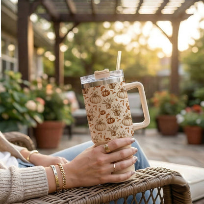 Rustic Pumpkins 40oz Tumbler | Fall Insulated Cup with Handle by Gia Roma