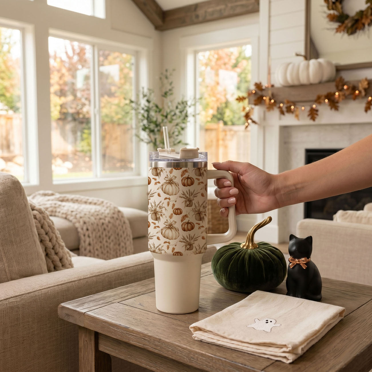 Rustic Pumpkins 40oz Tumbler | Fall Insulated Cup with Handle by Gia Roma