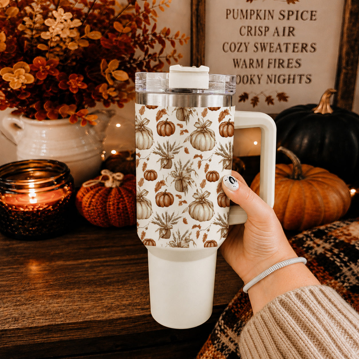 Rustic Pumpkins 40oz Tumbler | Fall Insulated Cup with Handle by Gia Roma