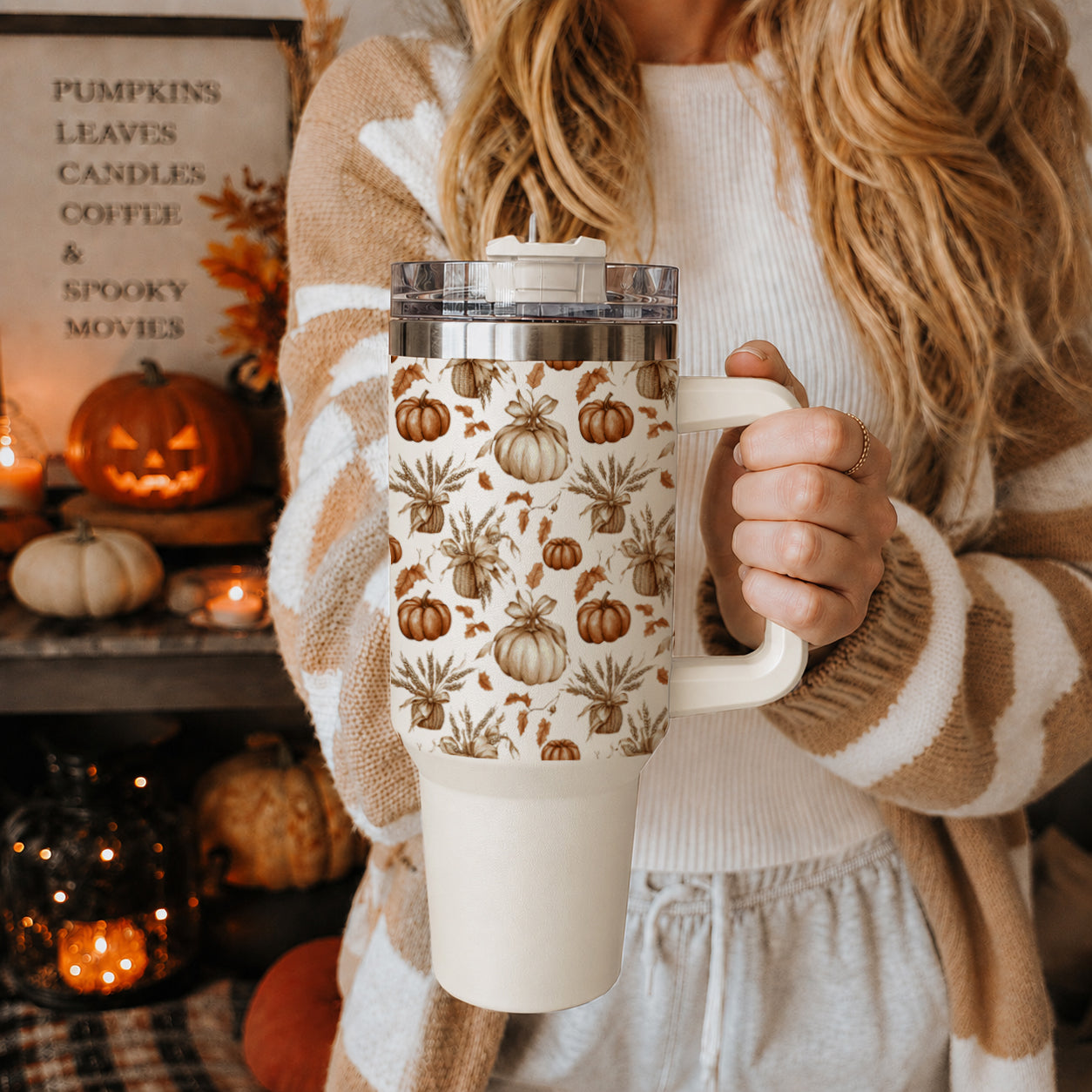 Rustic Pumpkins 40oz Tumbler | Fall Insulated Cup with Handle by Gia Roma