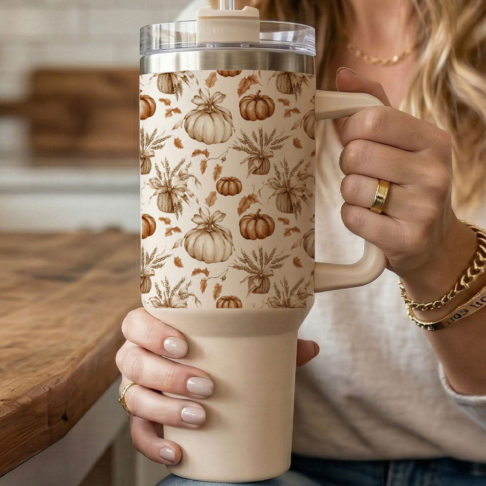 Rustic Pumpkins 40oz Tumbler | Fall Insulated Cup with Handle by Gia Roma